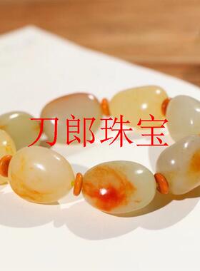 新疆和田玉籽料手串原石红沁皮白肉羊脂玉手串洒金皮随形玉石手串