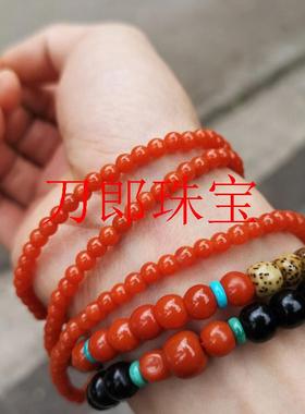 精选南红玛瑙满色满肉保山樱桃红小米珠多圈手链红绳圆珠手串饰品