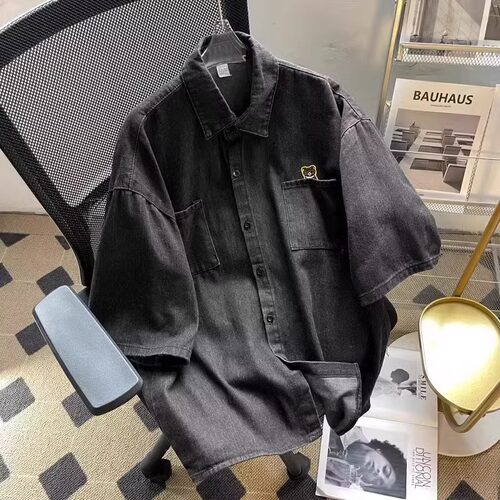 特大码300斤美式牛仔高领衬衫男短袖工装外套宽松痞帅cleanfi穿搭 - 图2