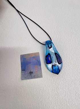 原创蓝色琉璃吊坠琉璃项链小众中古项链孤品衣服配饰颈链锁骨链条