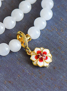 和田玉桃花朵朵开三圈手链手串搭配铜