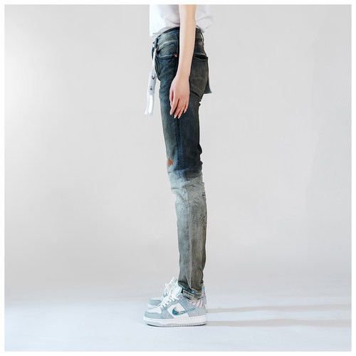 PUR jeans牛仔裤男修身显瘦欧美式高街泼墨晕染款潮牌修身小脚裤 - 图1