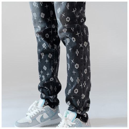 PUR jeans牛仔裤男修身显瘦欧美式高街高档印花紧身堆积紧身小脚 - 图3