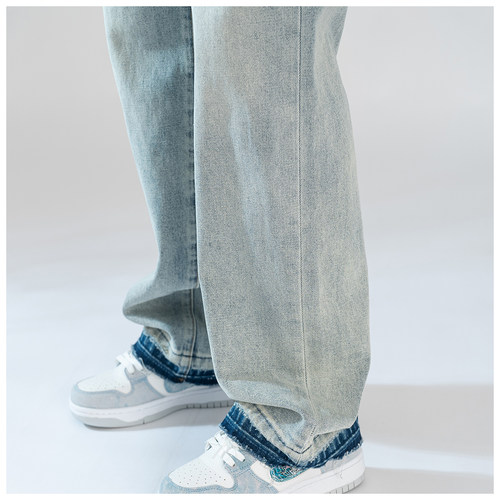 AMR Ripped Jeans牛仔裤男宽松直筒裤美式高街破洞潮牌休闲阔腿裤 - 图3