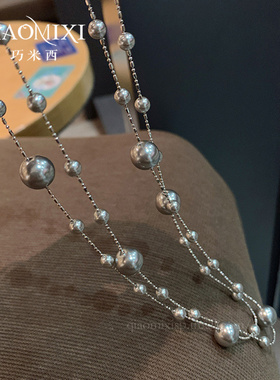 灰色圆珠双层项链女设计感珍珠休闲锁骨链小众高级感叠戴衣链配饰