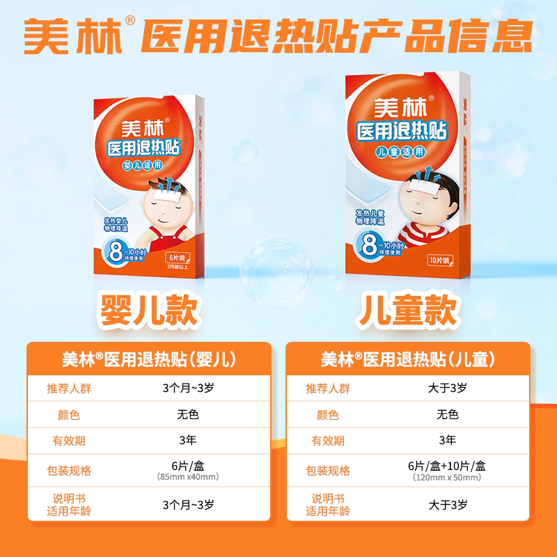 美林医用退热贴婴幼儿宝宝发烧冰宝贴物理持久降温6片