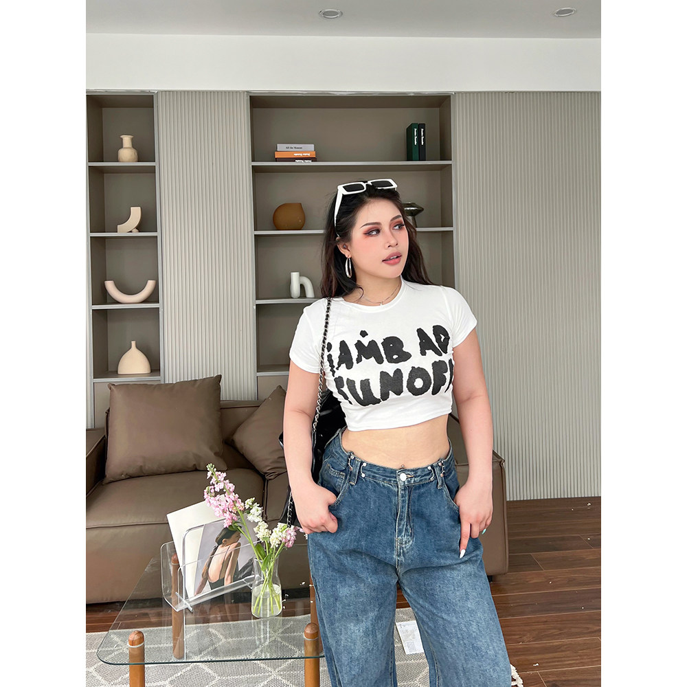 CDSOUL 魔豆姐姐 微胖大码辣妹短款上衣女夏美式字母印花正肩t恤