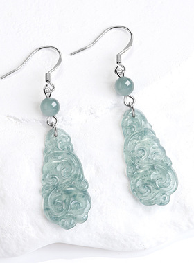 天然A货翡翠蓝水如意耳环S925银镶冰种玉石耳环古风耳坠女款耳饰