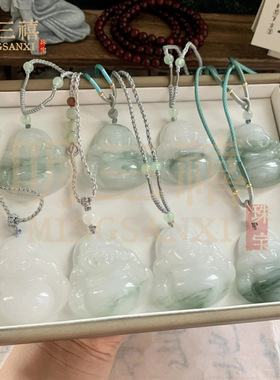 新疆天山翠玉石佛公吊坠大肚佛挂件飘花弥勒佛翡翠色飘花金丝玉