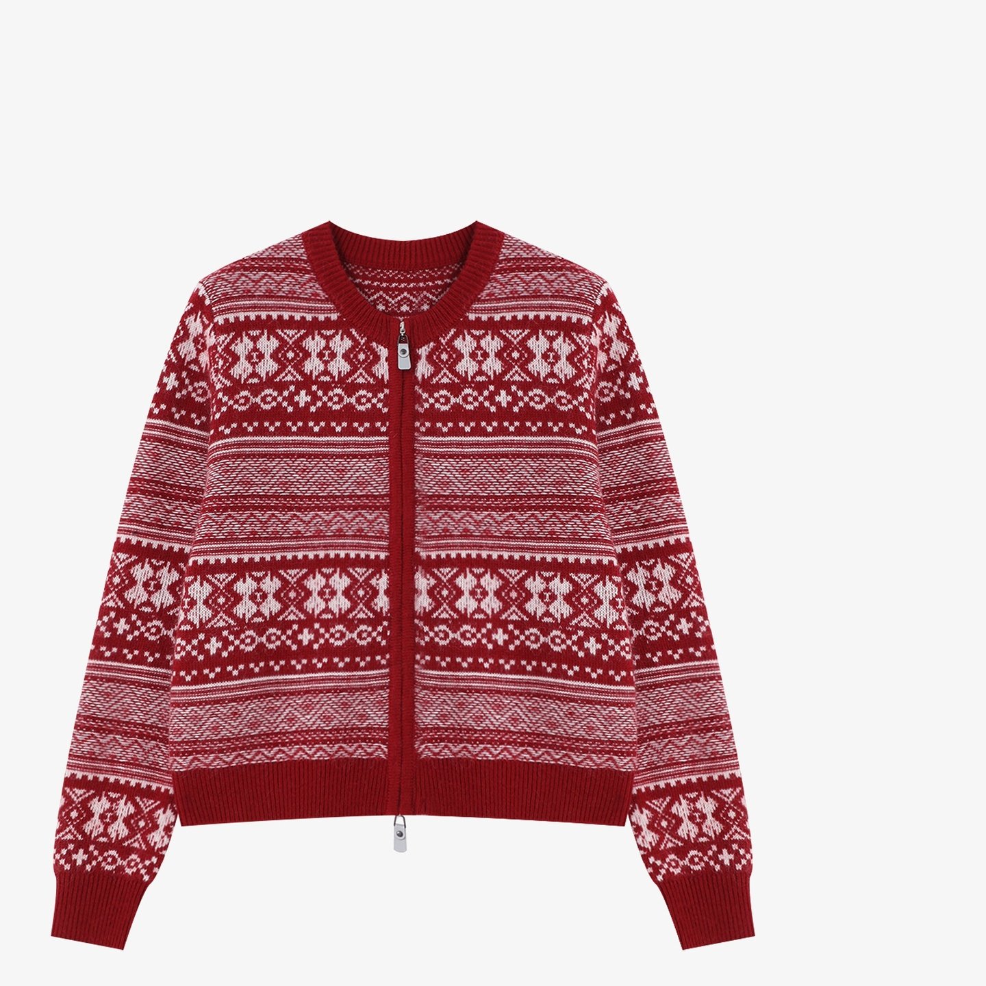 Basic House/百家好费尔岛红色毛衣开衫女冬季新款保暖百搭上衣,淘宝优惠券,粉丝福利购,淘宝优惠卷