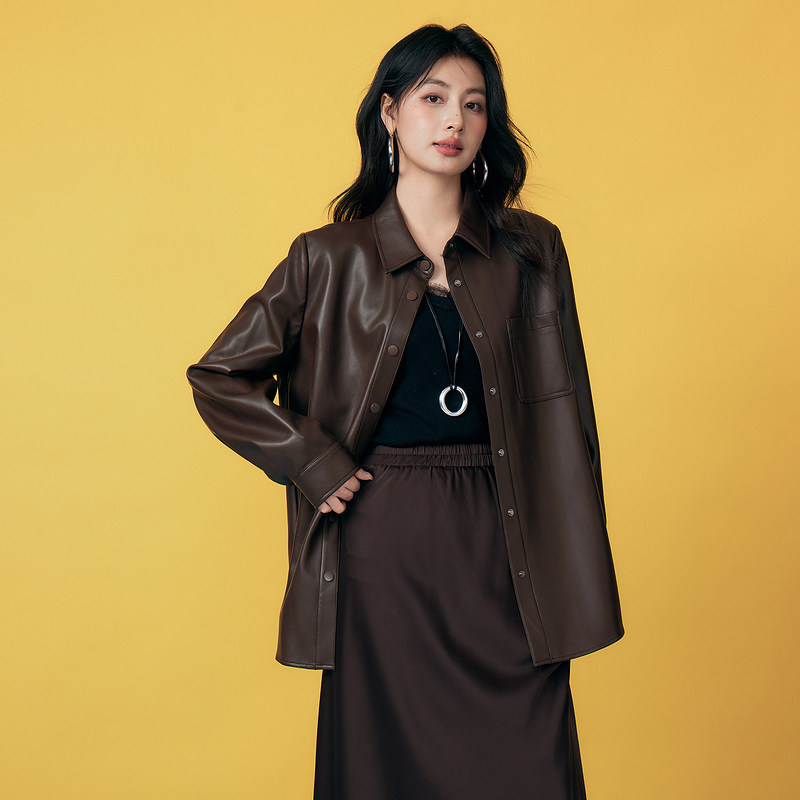 Basic House/百家好咖色皮衣外套女2025秋季复古翻领短款夹克上衣,淘宝优惠券,粉丝福利购,淘宝优惠卷