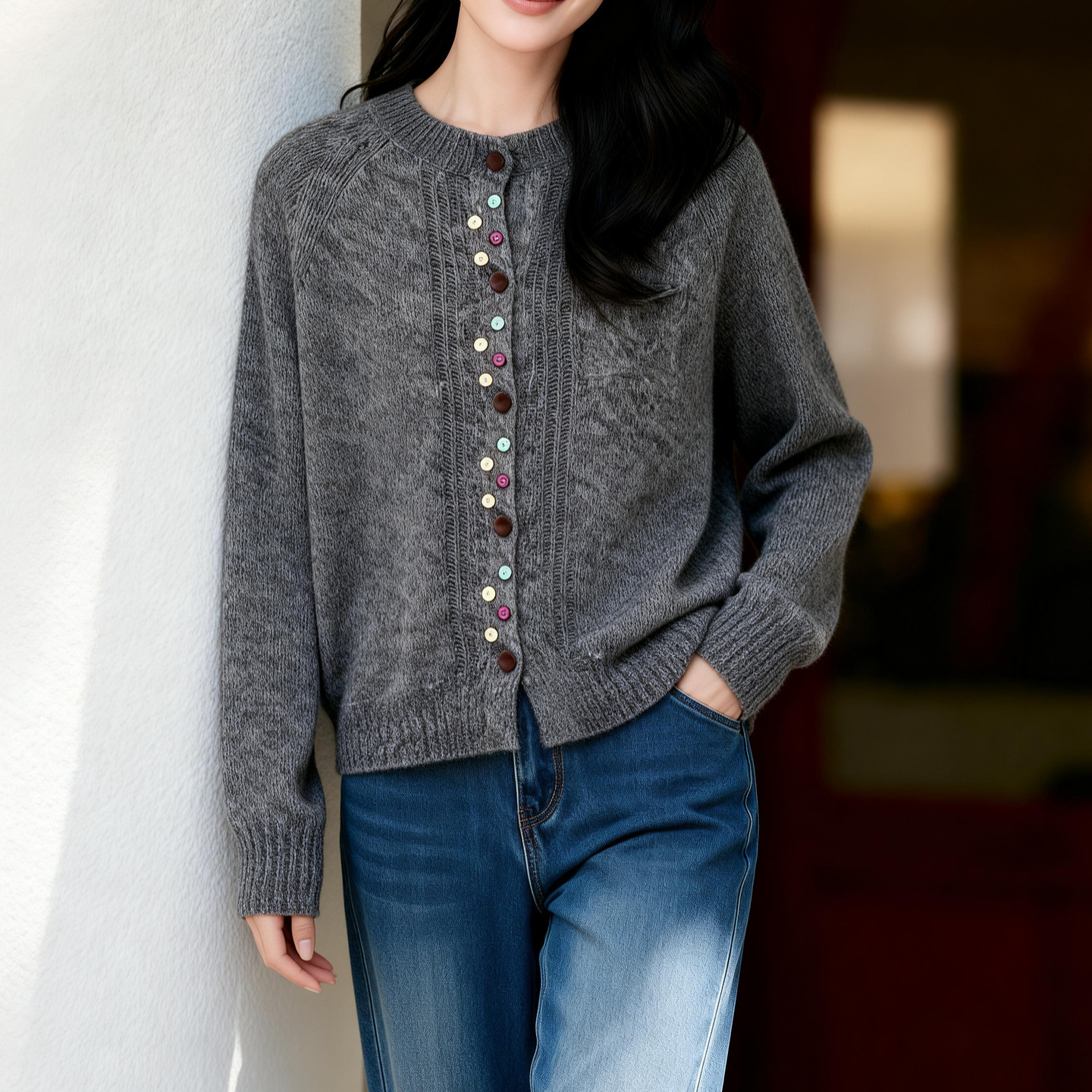 Basic House/百家好彩扣圆领多色羊毛毛衣女秋冬保暖宽松毛衫上衣,淘宝优惠券,粉丝福利购,淘宝优惠卷