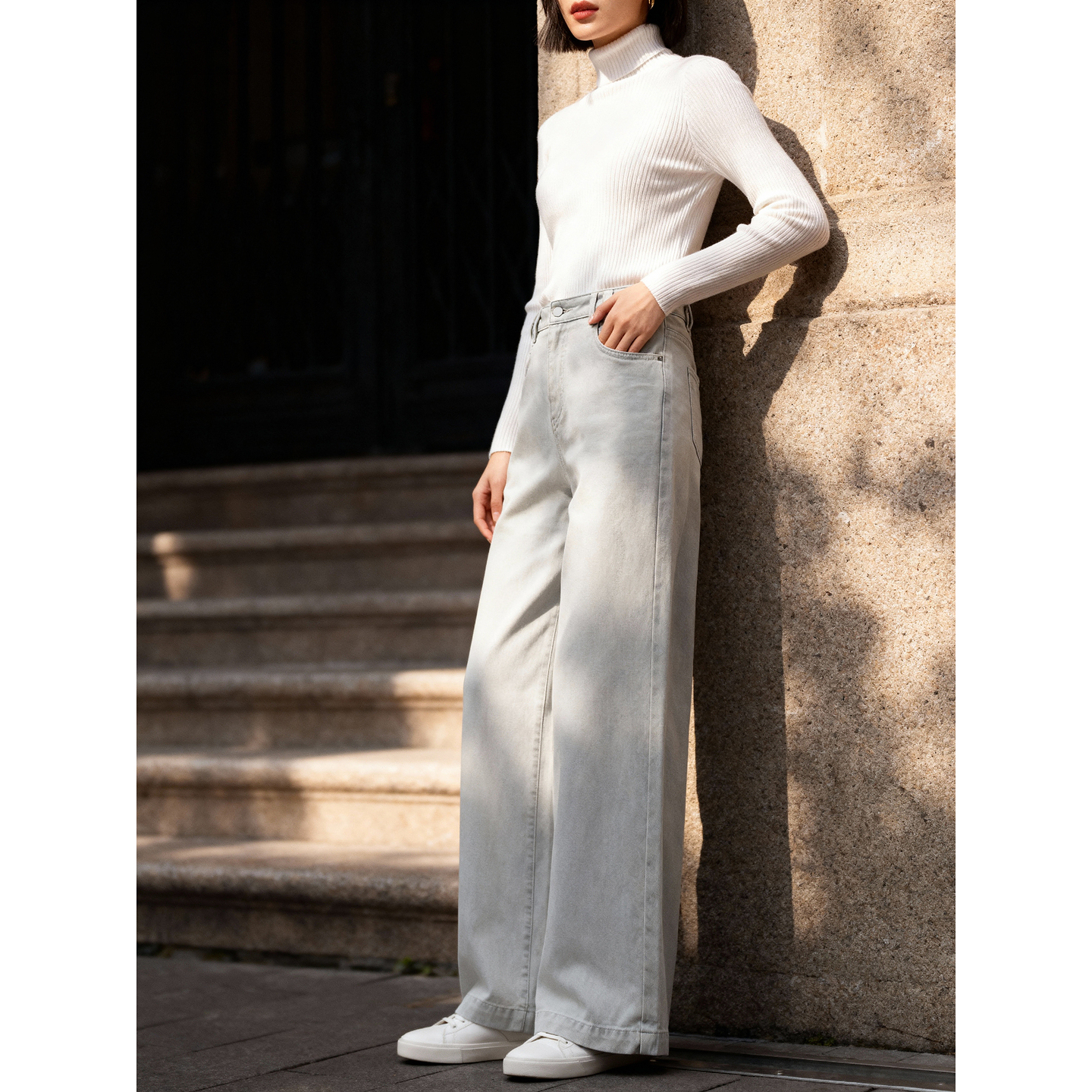 Basic House/百家好基础款高腰直筒牛仔裤秋冬新款百搭休闲裤子女 - 图2