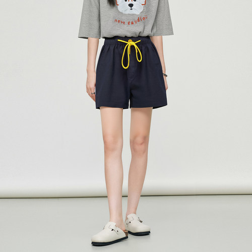 Basic House/百家好莱赛尔撞色抽绳短裤女夏季流行亚麻收腰阔腿裤 - 图0