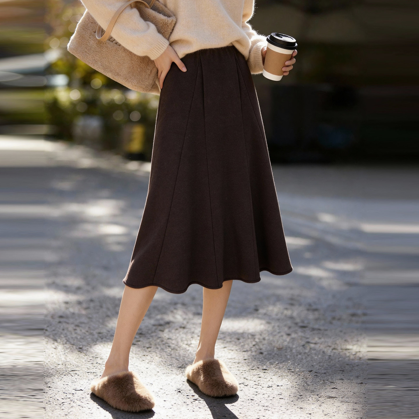 Basic House/百家好毛呢半身裙女款冬季羊毛a字伞裙纯色长款半裙,淘宝优惠券,粉丝福利购,淘宝优惠卷