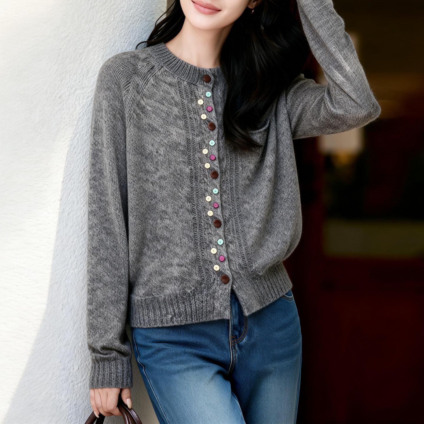 Basic House/百家好彩扣圆领多色羊毛毛衣女秋冬保暖宽松毛衫上衣,淘宝优惠券,粉丝福利购,淘宝优惠卷