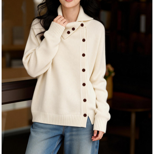 百家好绵羊毛立领设计感针织开衫女冬季新款慵懒宽松厚实保暖毛衣 - 图0