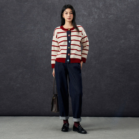 Basic House/Baijiahao retro contrast striped sweater winter new design round neck cardigan jacket