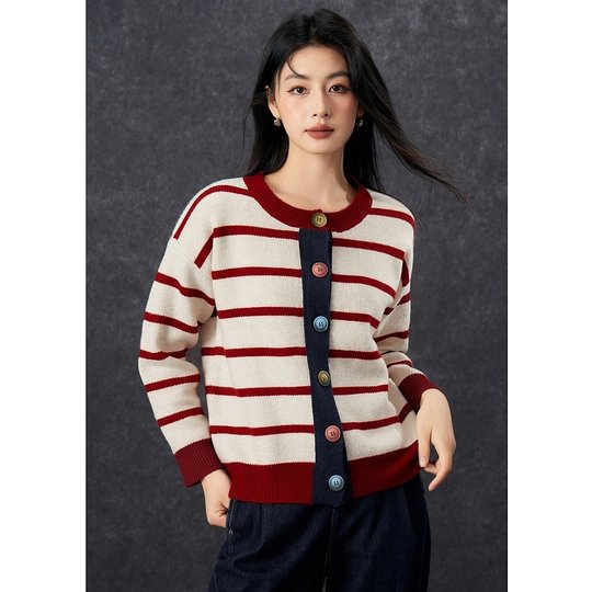 Basic House/Baijiahao retro contrast striped sweater winter new design round neck cardigan jacket