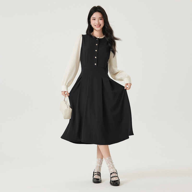 Basic House/百家好赫本风蕾丝领口拼接泡泡袖2025秋冬优雅连衣裙 - 图2