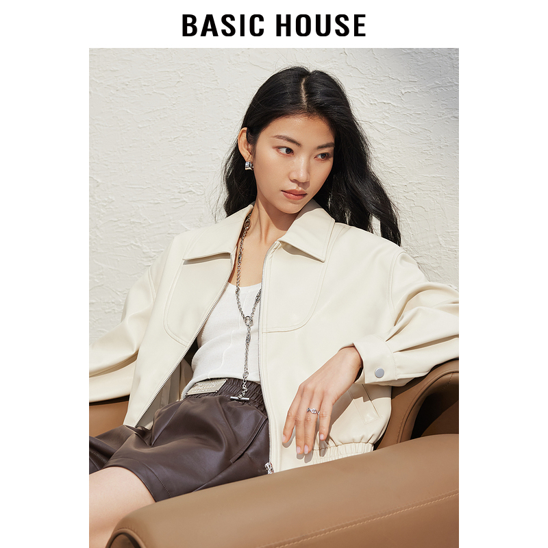 Basic House/百家好翻领帅气皮衣短款女新款春美式复古小个子外套-图3