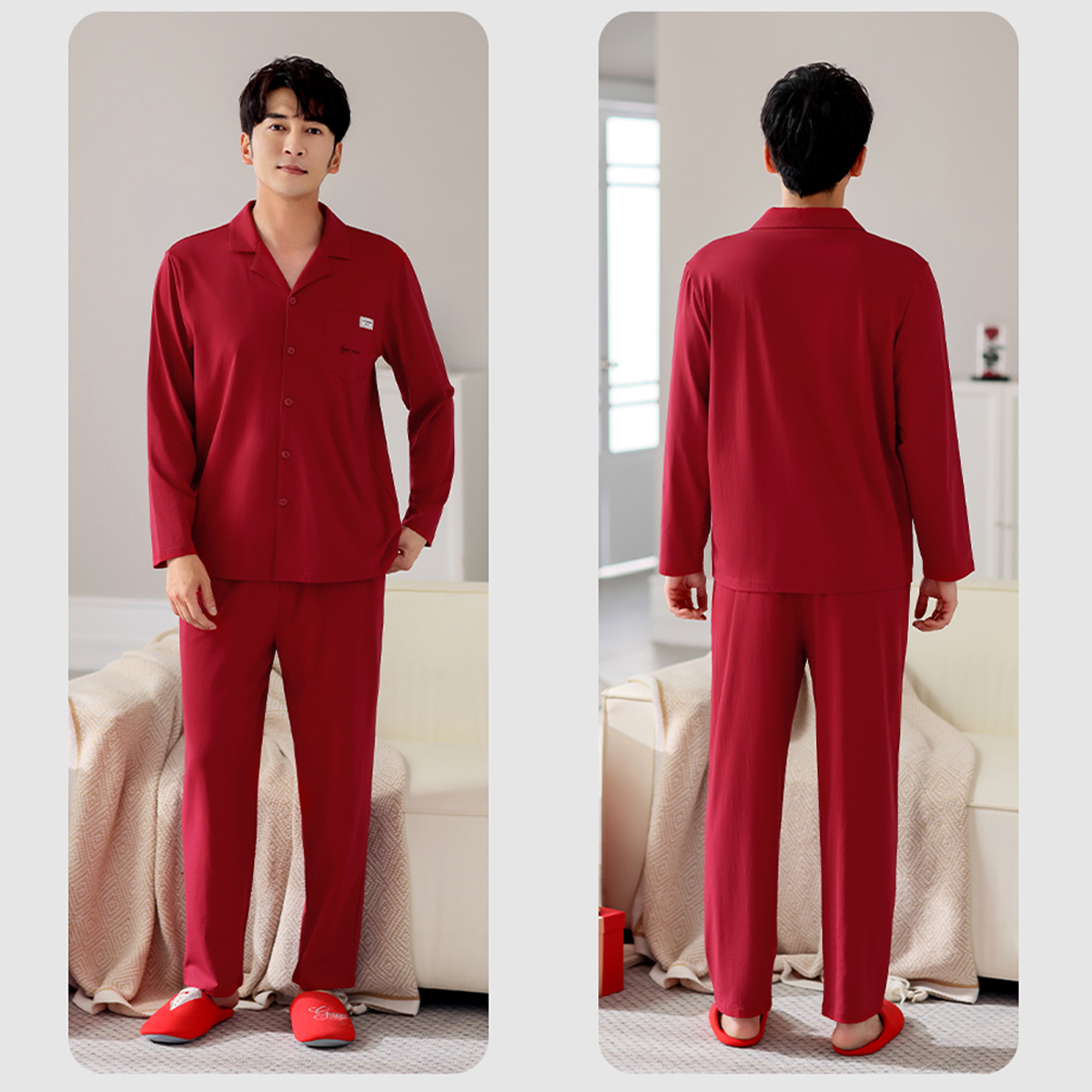 情侣睡衣女春秋新款纯棉新娘结婚红色翻领长袖本命年家居服套装男