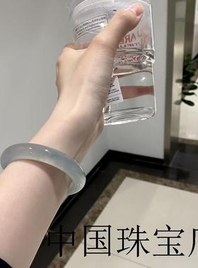冰种飘花翡翠色手镯女款晴水扁条冰透水润蓝水白底青玉石正圈镯子