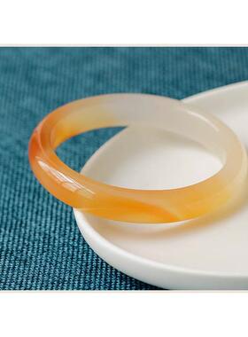 高冰玉髓手镯冰种飘花蜜桃色窄条玛瑙玉镯子高级感时尚百搭女款镯