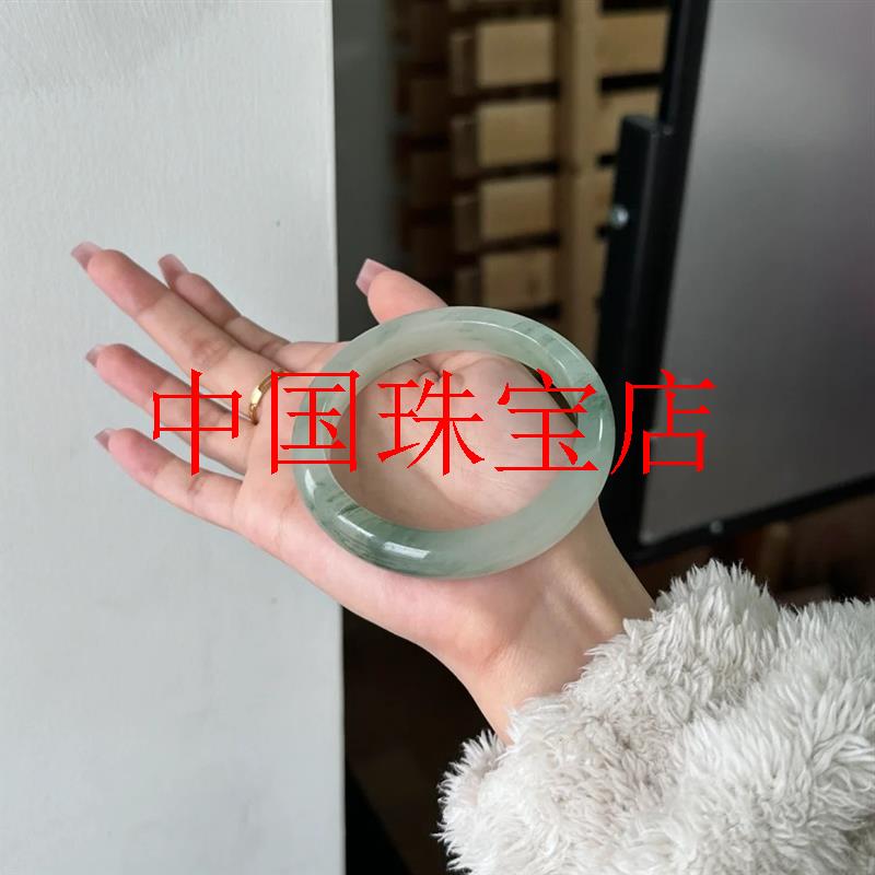 精选新疆金丝玉雪翠扁条玉手镯雪域翡翠色玉镯冰透飘花高级国风镯