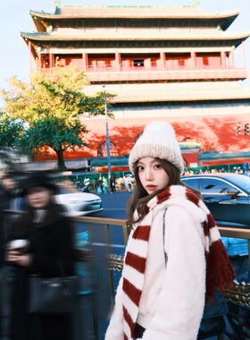 红白条纹拼接围巾女冬韩版氛围感