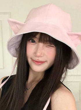日系可爱猫耳朵双面可戴渔夫帽女
