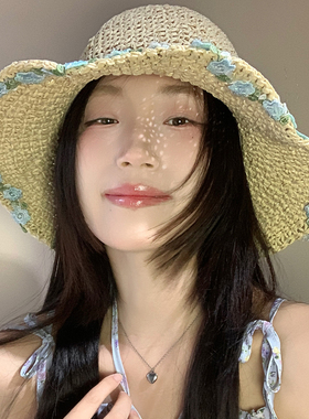 薄荷曼波花朵草帽女夏季编织防紫外线帽子镂空防晒遮阳帽海边沙滩