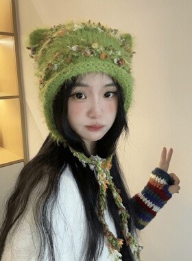 日系猫耳朵条纹针织帽女秋冬护耳