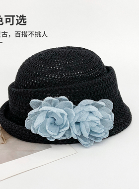 蓝色花朵清冷风镂空编织礼帽女