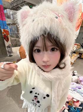 KELUSI联名猫咪耳朵会动毛绒帽女