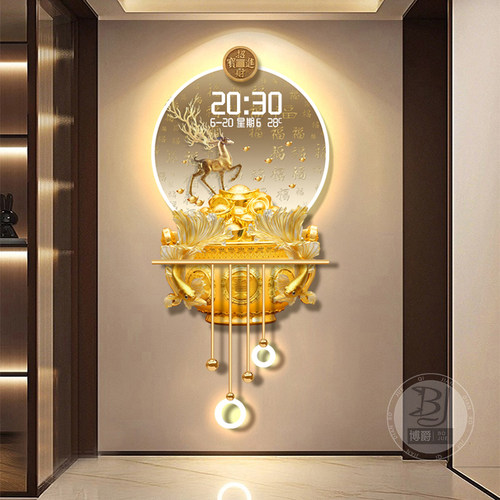 麋鹿玄关装饰画聚宝盆格栅装饰挂件万年历走廊挂画发光灯画时钟 - 图1