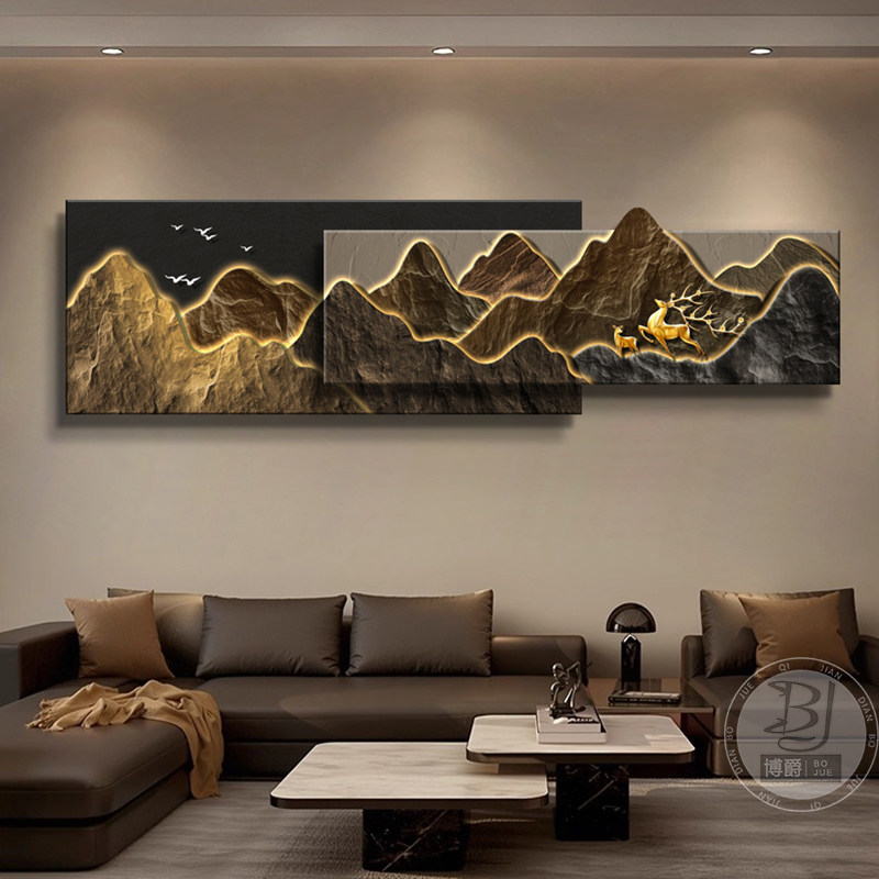 客厅装饰画背有靠山沙发背景墙画立体砂岩叠加壁画大气发光灯画,淘宝优惠券,粉丝福利购,淘宝优惠卷