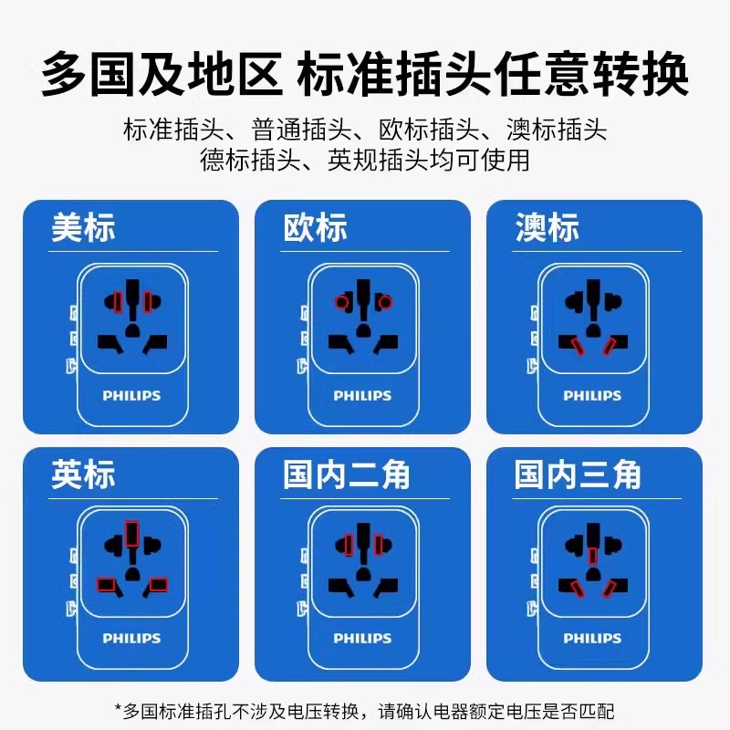 飞利浦转换插头全球转换器国际旅行多国USB插座英欧标韩日本港版