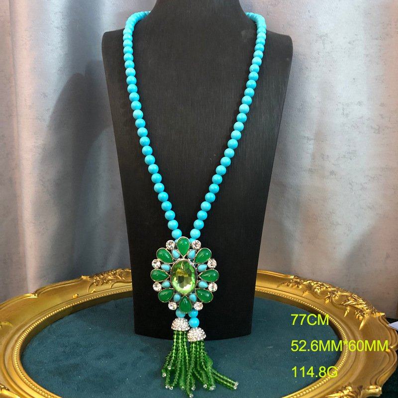 新款复古风设计绿松石串珠项链胸针中长款毛衣链气质百搭两用饰品,淘宝优惠券,粉丝福利购,淘宝优惠卷