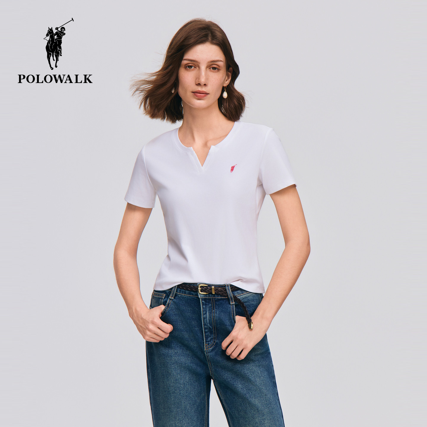 POLOWALK女式短袖2026夏季新品百搭休闲经典小v开口直筒短袖T恤