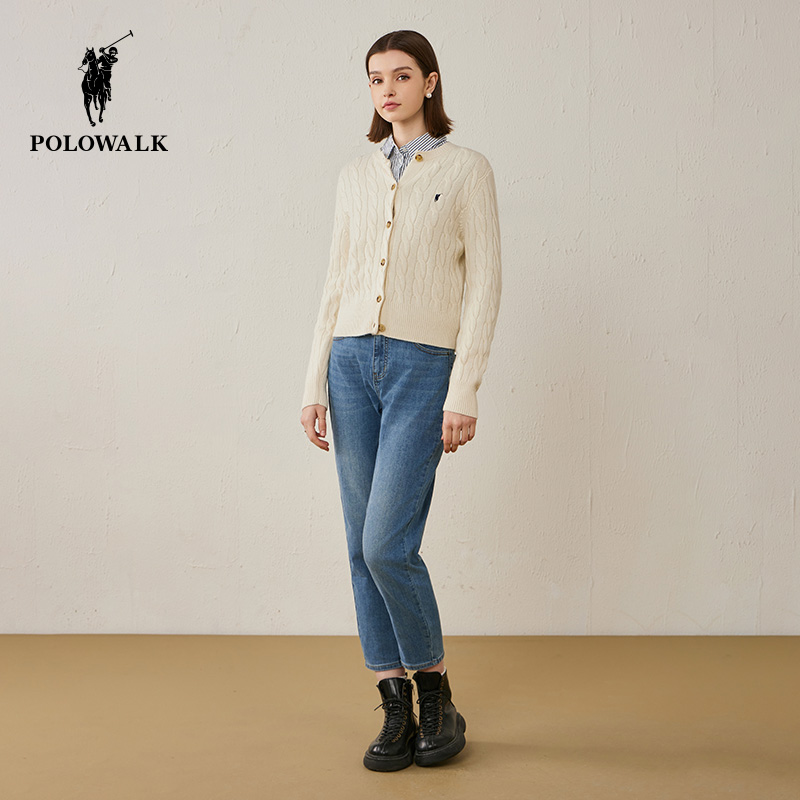 【100%绵羊毛】POLOWALK女士经典绞花针织羊毛衫冬新款加厚毛衣女