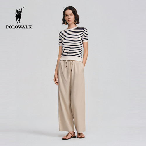POLOWALK女式短袖针织衫2026春季新品条纹圆领百搭显瘦针织上衣 - 图3