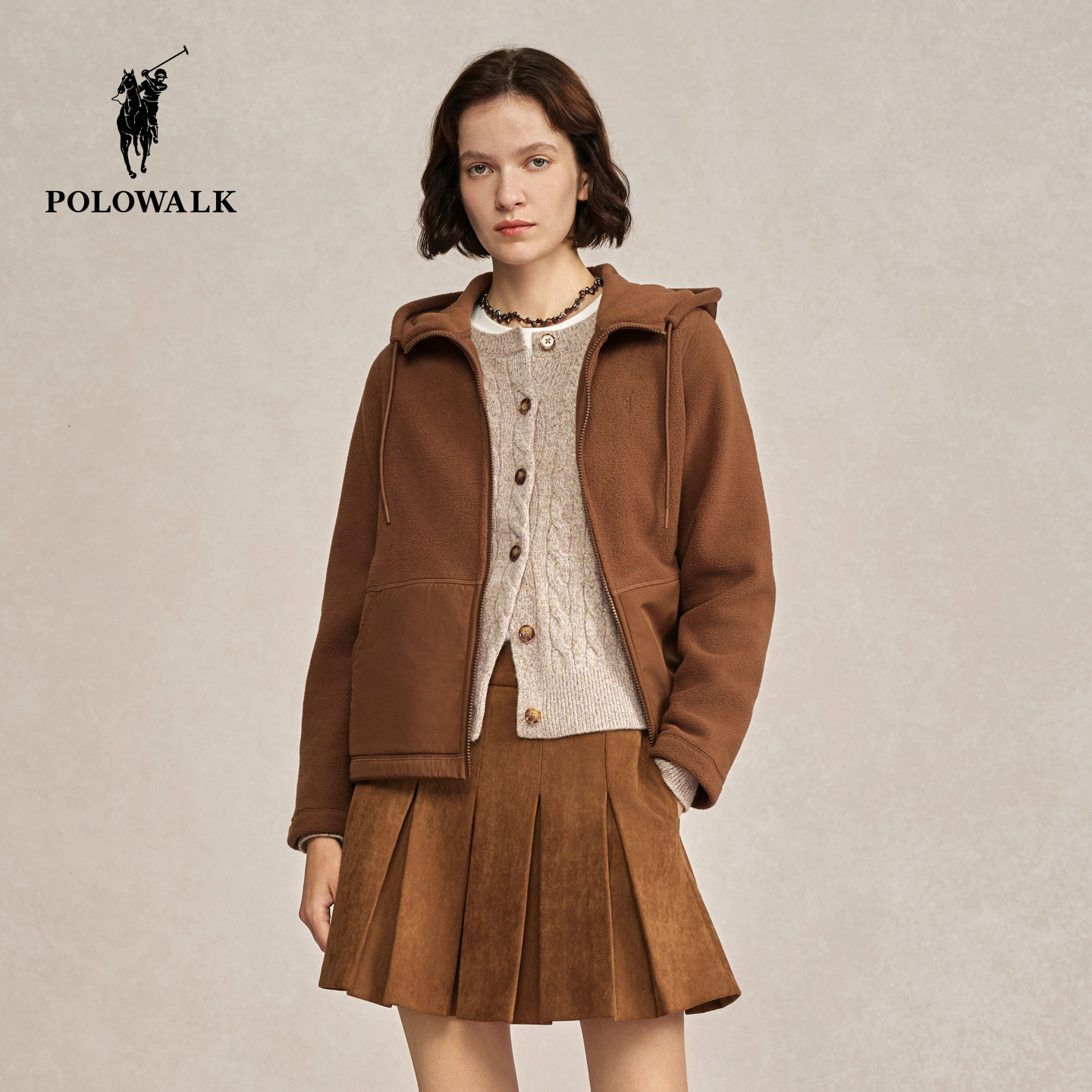 POLOWALK女式外套2025秋季新品摇粒绒显瘦连帽加绒拼接休闲外套,淘宝优惠券,粉丝福利购,淘宝优惠卷
