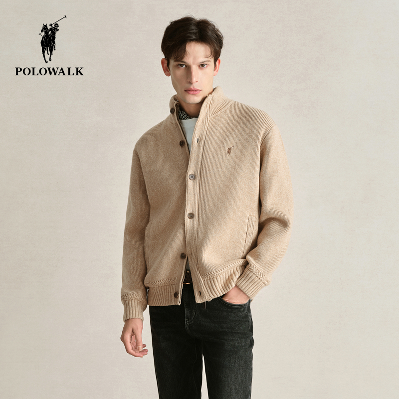 POLOWALK男士加绒针织开衫2024冬新款保暖针织衫上衣百搭毛衣外套