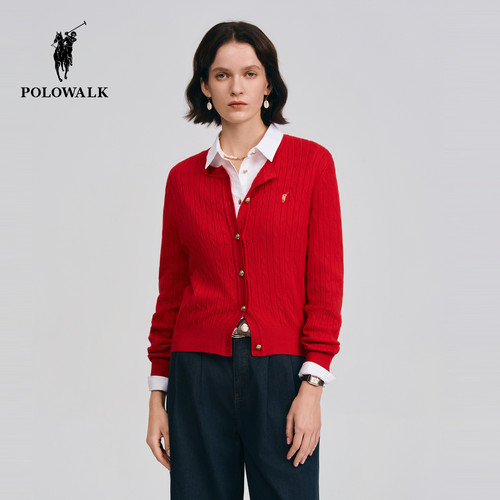 【红色款】POLOWALK女式长袖针织衫2026春季新品红色绞花针织开衫 - 图1