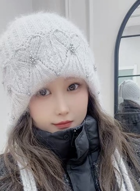 龙艺钩花镂空针织兔毛护耳帽女秋冬系带保暖毛线帽显脸小双层加厚