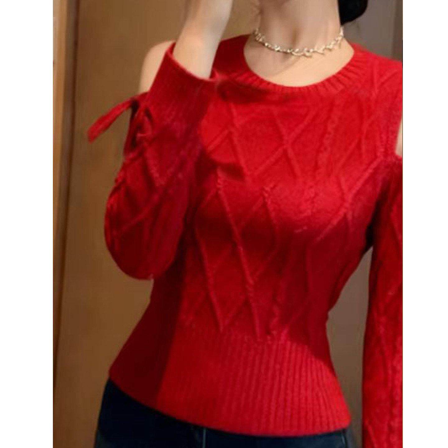 法式优雅绝美红色圆领露肩长袖毛衣针织衫女秋冬款设计感轻奢上衣,淘宝优惠券,粉丝福利购,淘宝优惠卷