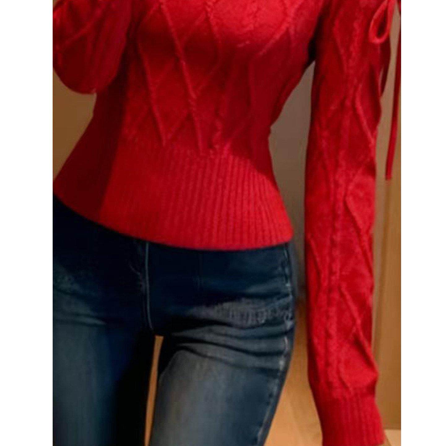 法式优雅绝美红色圆领露肩长袖毛衣针织衫女秋冬款设计感轻奢上衣,淘宝优惠券,粉丝福利购,淘宝优惠卷