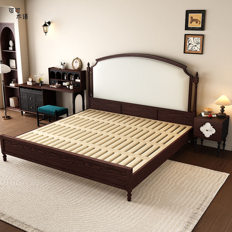 法式复古红橡木床1.8m双人主卧软靠婚床1.5m中古风全实木储物床