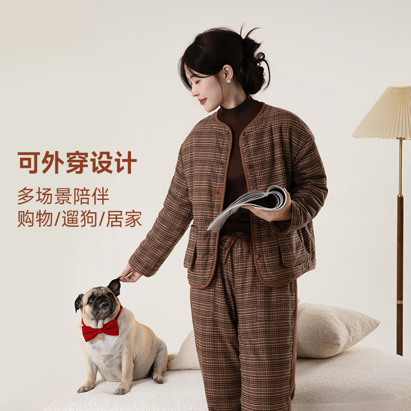 宜色家新款2024秋冬美拉德圆领细格子棉服外套加厚保暖棉衣家居服